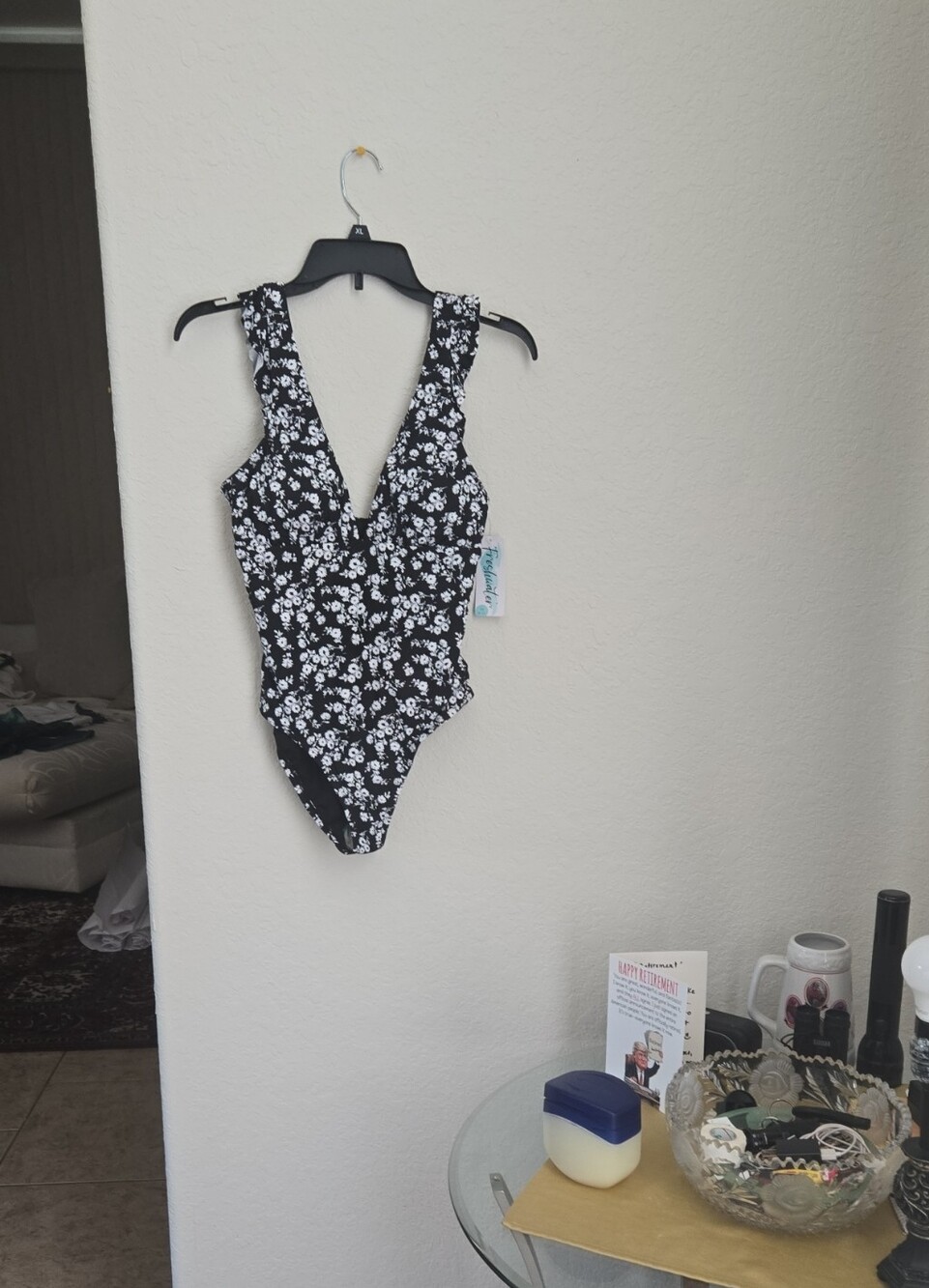 Black Floral One-Piece Swimsuit with Plunge V-Neck